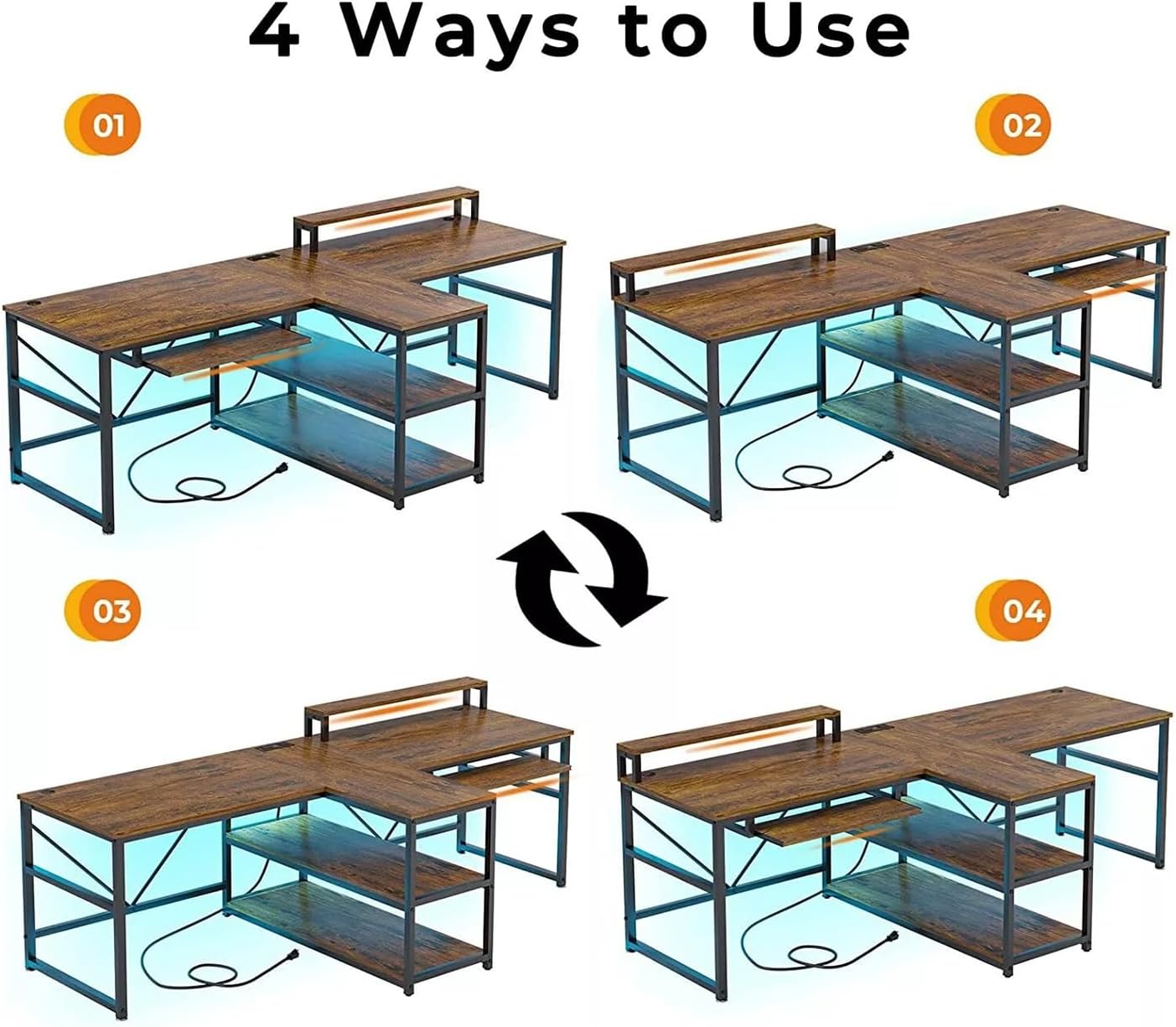 Brown 95 Inches Home Office Computer Gaming Desk for 2 Person with RGB LED Lights E66924