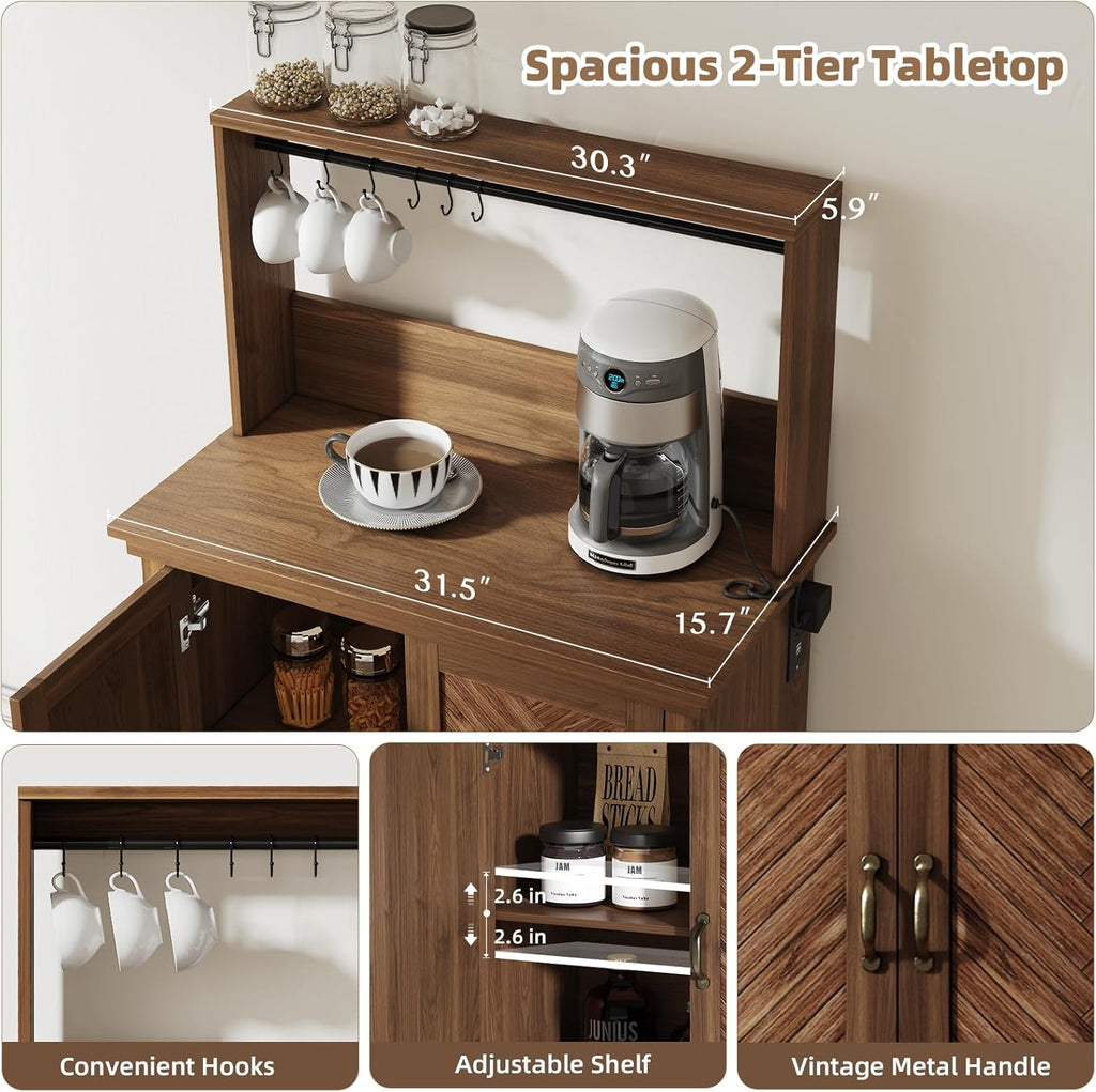 Walnut Farmhouse Coffee Bar Cabinet with Charging Station O887