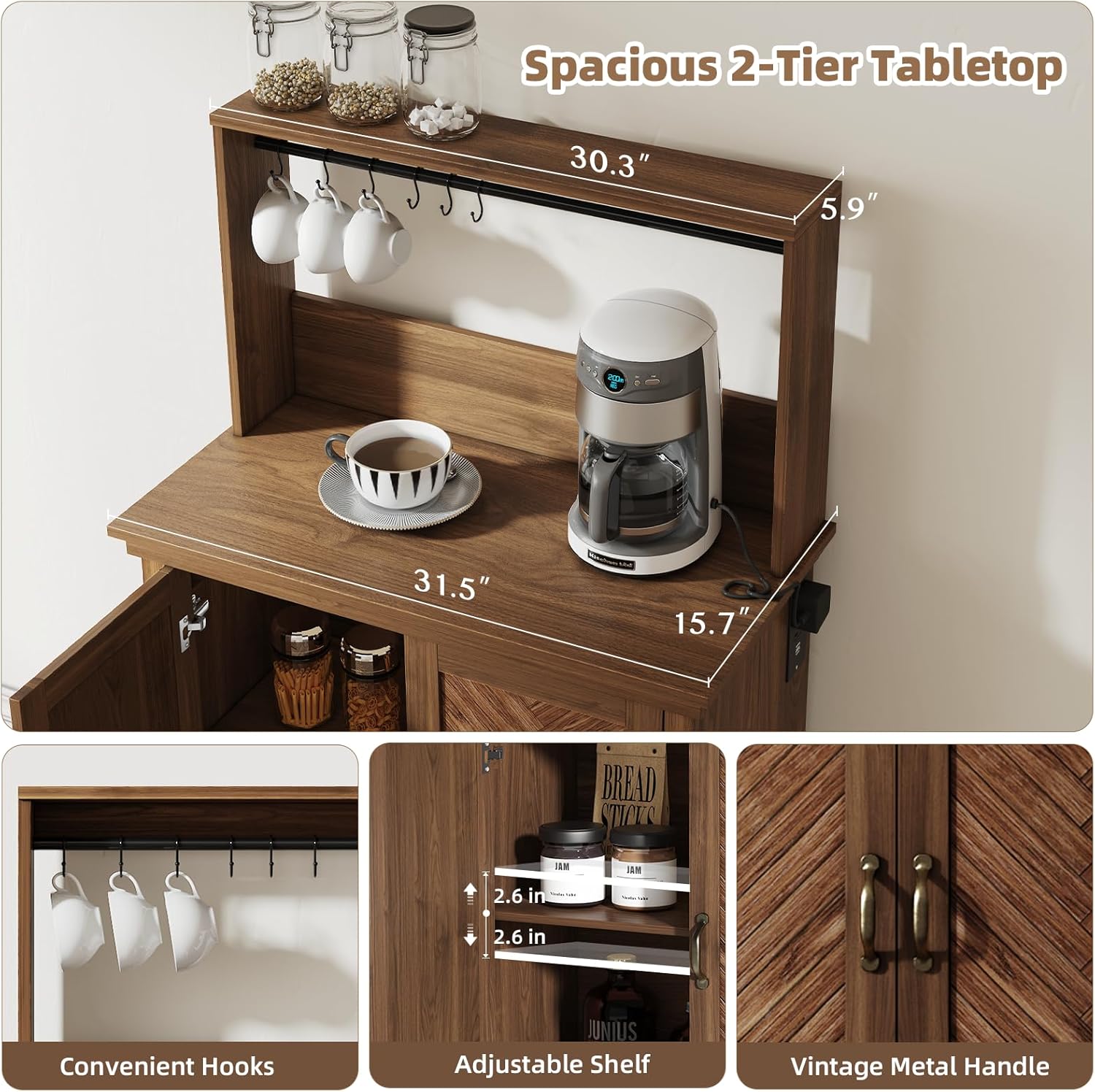 Walnut Farmhouse Coffee Bar Cabinet with Charging Station O887