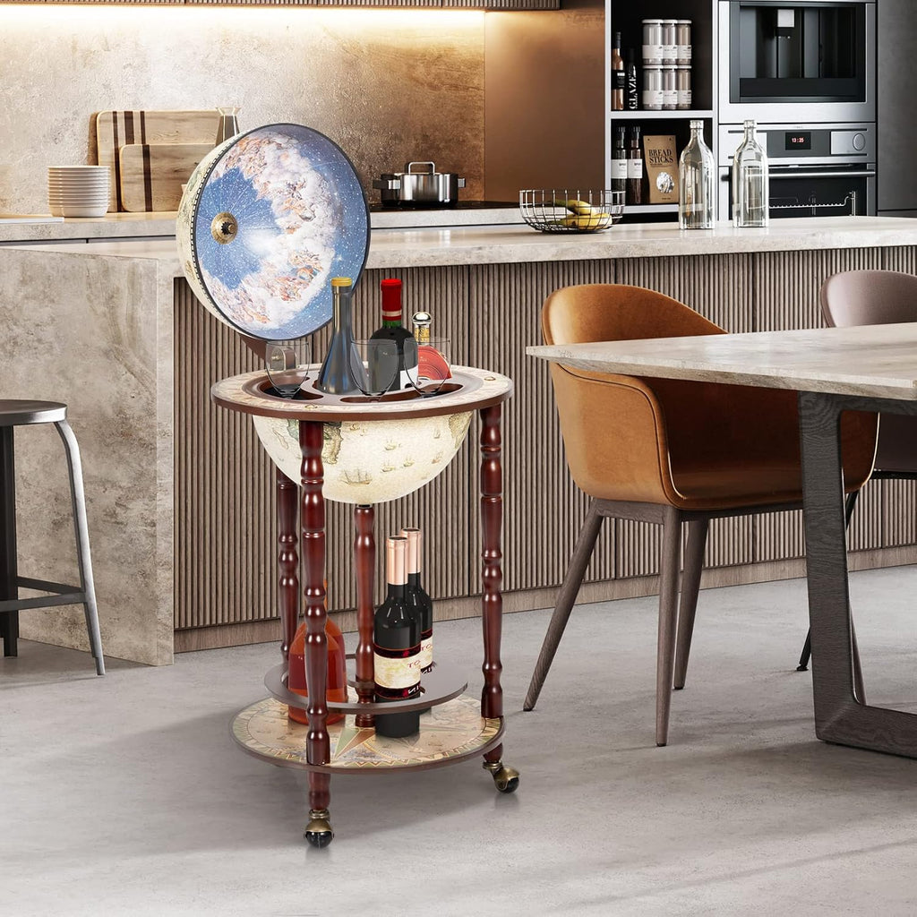 Wood Globe Wine Bar Stand with Wheels, Creamy White T9135