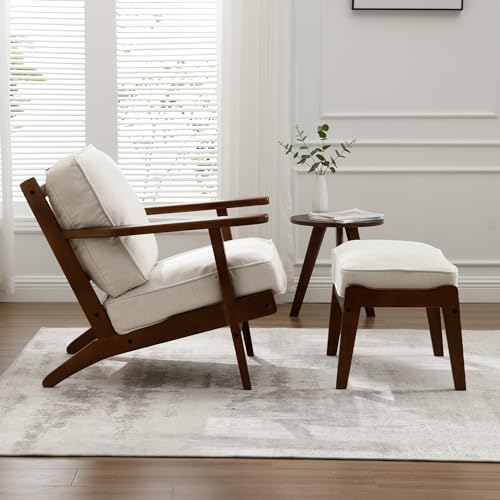 chairus Mid-Century Modern Accent Chair Linen Fabric Upholstered Solid Wood Frame Beige A654224