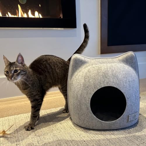 Cat wool cave bed for indoor cats, grey E128