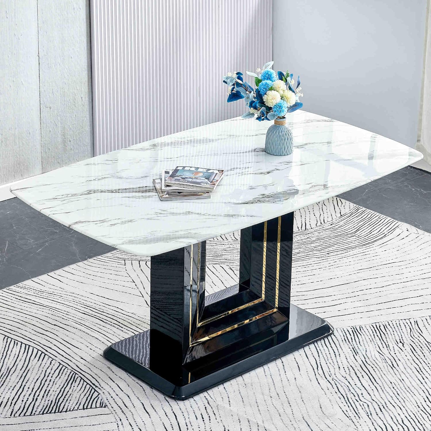 7-Piece Dining Table Set with 6 Soft Chairs, Faux Marble Top G7186