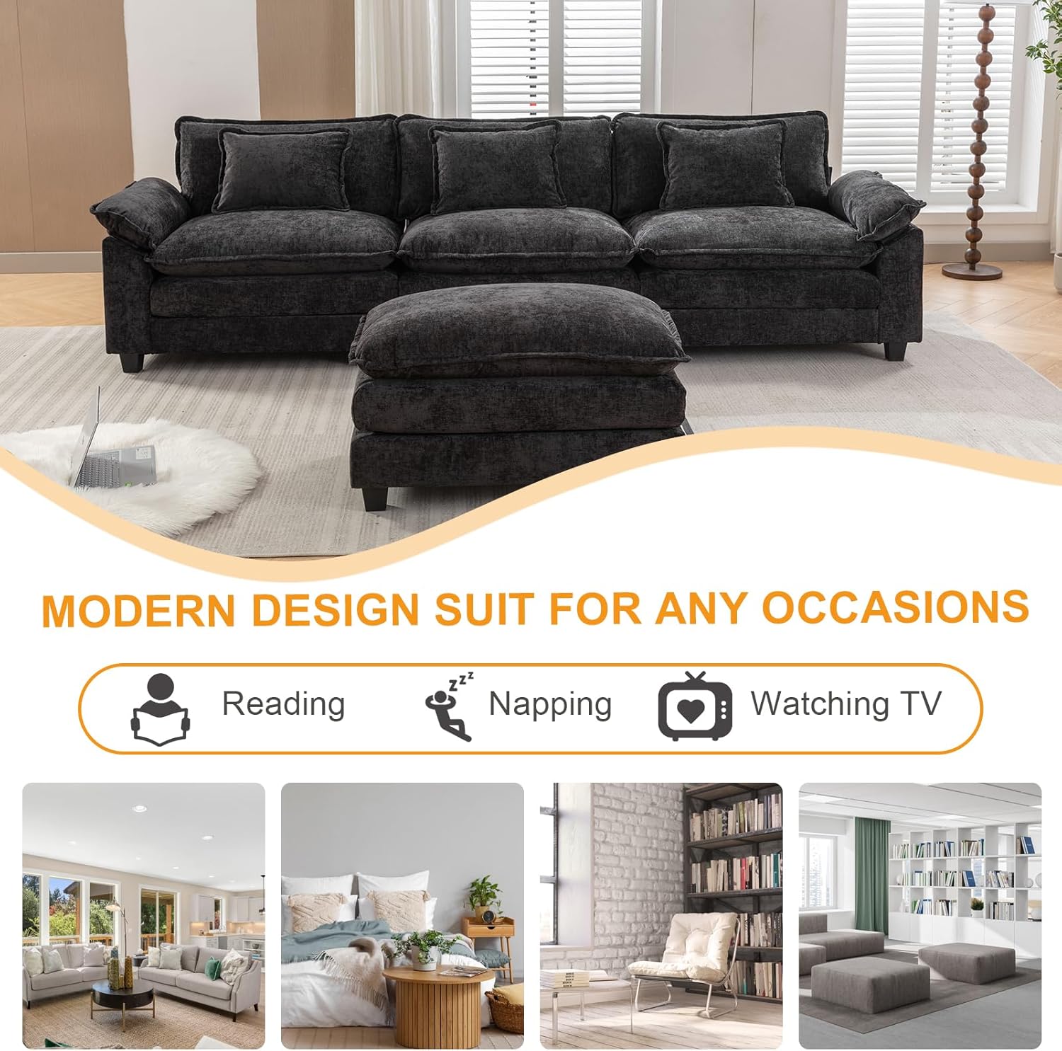 IPKIG 117" Sectional Sofa, Chenille L-Shaped Couch with Ottoman, Black L64376