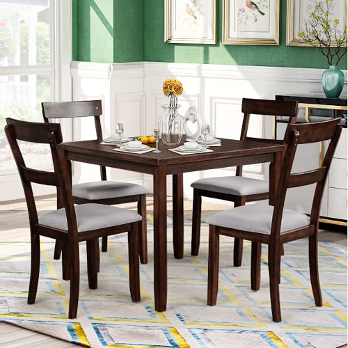 Merax Dining Table Set of 4 Upholstered Chairs & Natural Wood Grain Tabletop Mid-Century Home Furniture Perfect for Kitchen, Apartment and Dinette, 5-Piece Set, Espresso