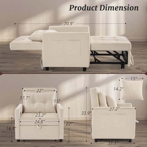 3 in 1 Convertible Sleeper Chair Bed with 2 Pillows for Adults Y723