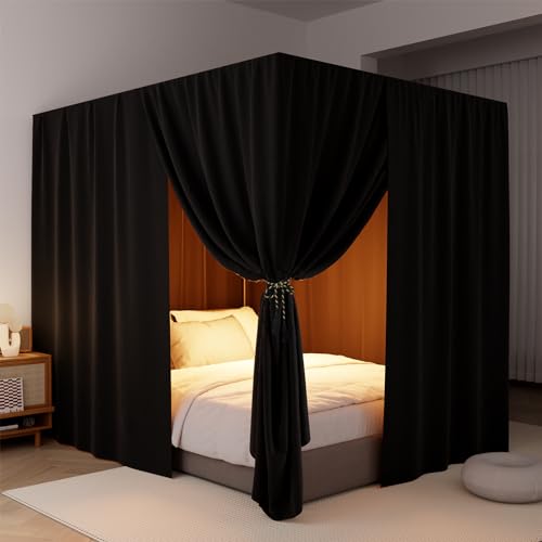 Black Canopy Bed Curtains Queen Lightproof Drapes with Top Ties and Tie Backs G1021