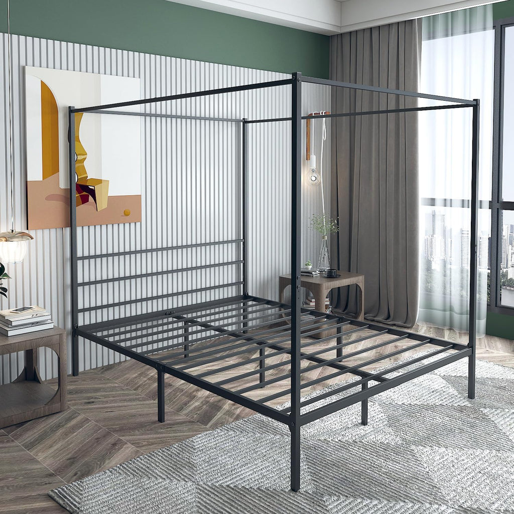 Queen Size Black Metal Canopy Bed Frame - Modern 4 Poster Design with Headboard and Corner Posts for Contemporary Elegance