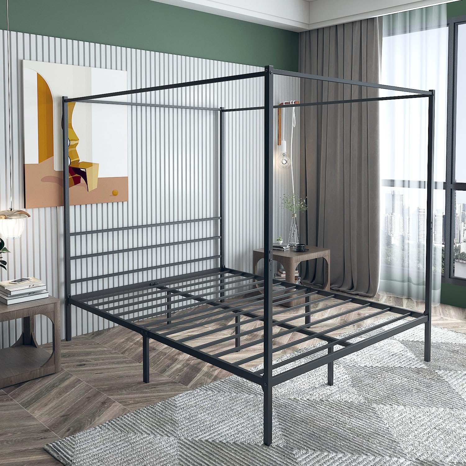 Queen Size Black Metal Canopy Bed Frame - Modern 4 Poster Design with Headboard and Corner Posts for Contemporary Elegance