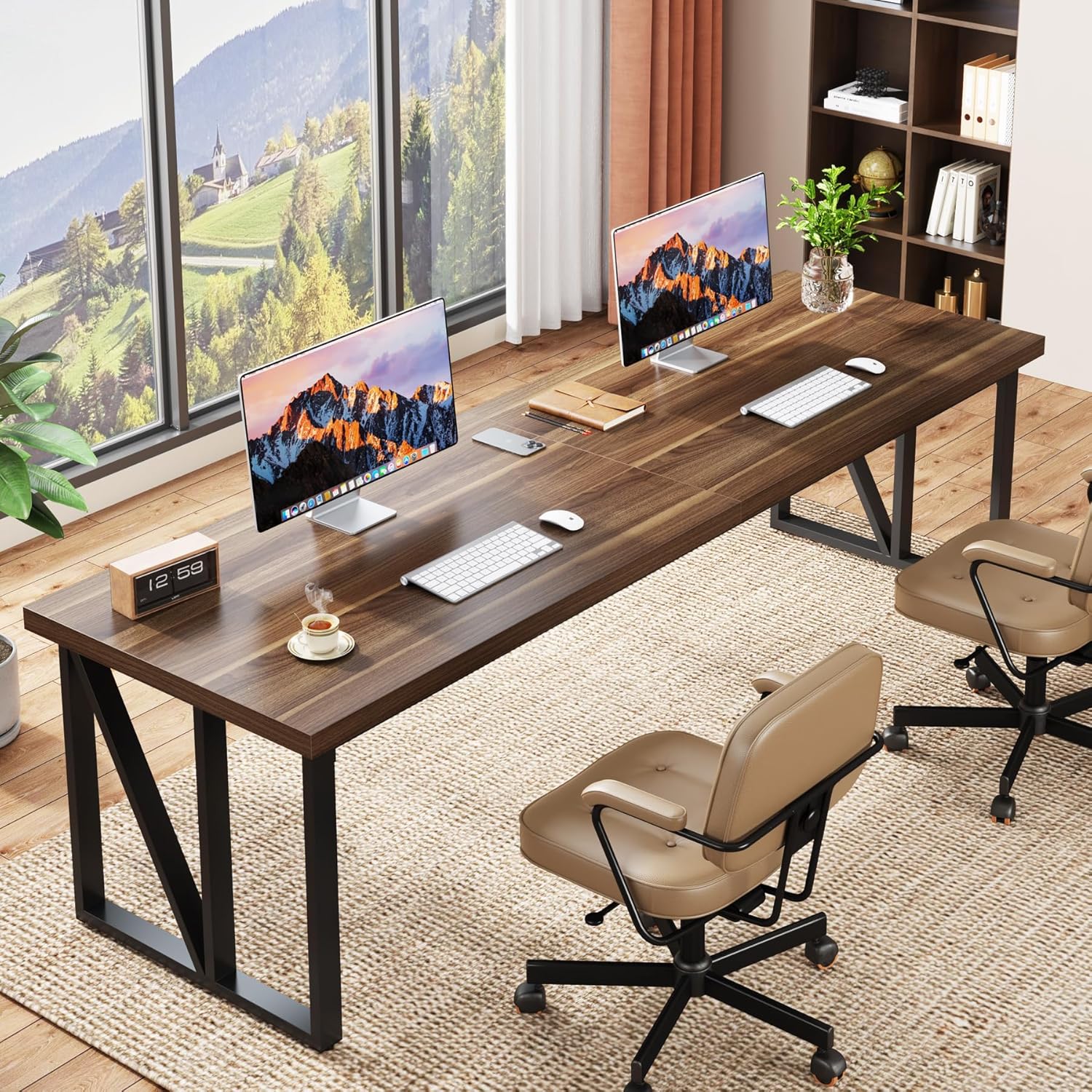 Tribesigns 78.7 Inch Double Computer Desk, Wood Home Office Desk, Brown V9398