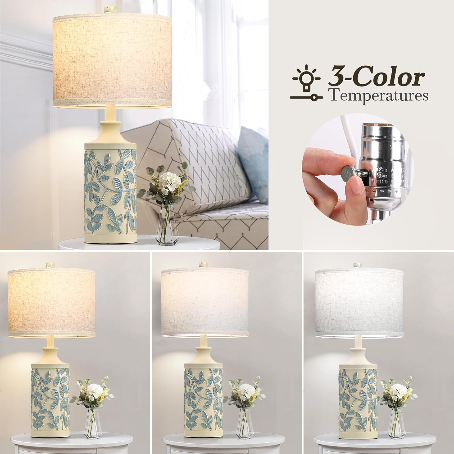 Farmhouse Table Lamps Set of 2, Rustic Bedside Lamps with 3 Color Temperatures, Bulbs Included Y40703