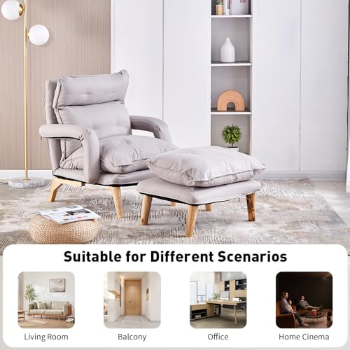 Linen Accent Chair with Ottoman, Adjustable Lounge Chair with Footstool, Gray W9346