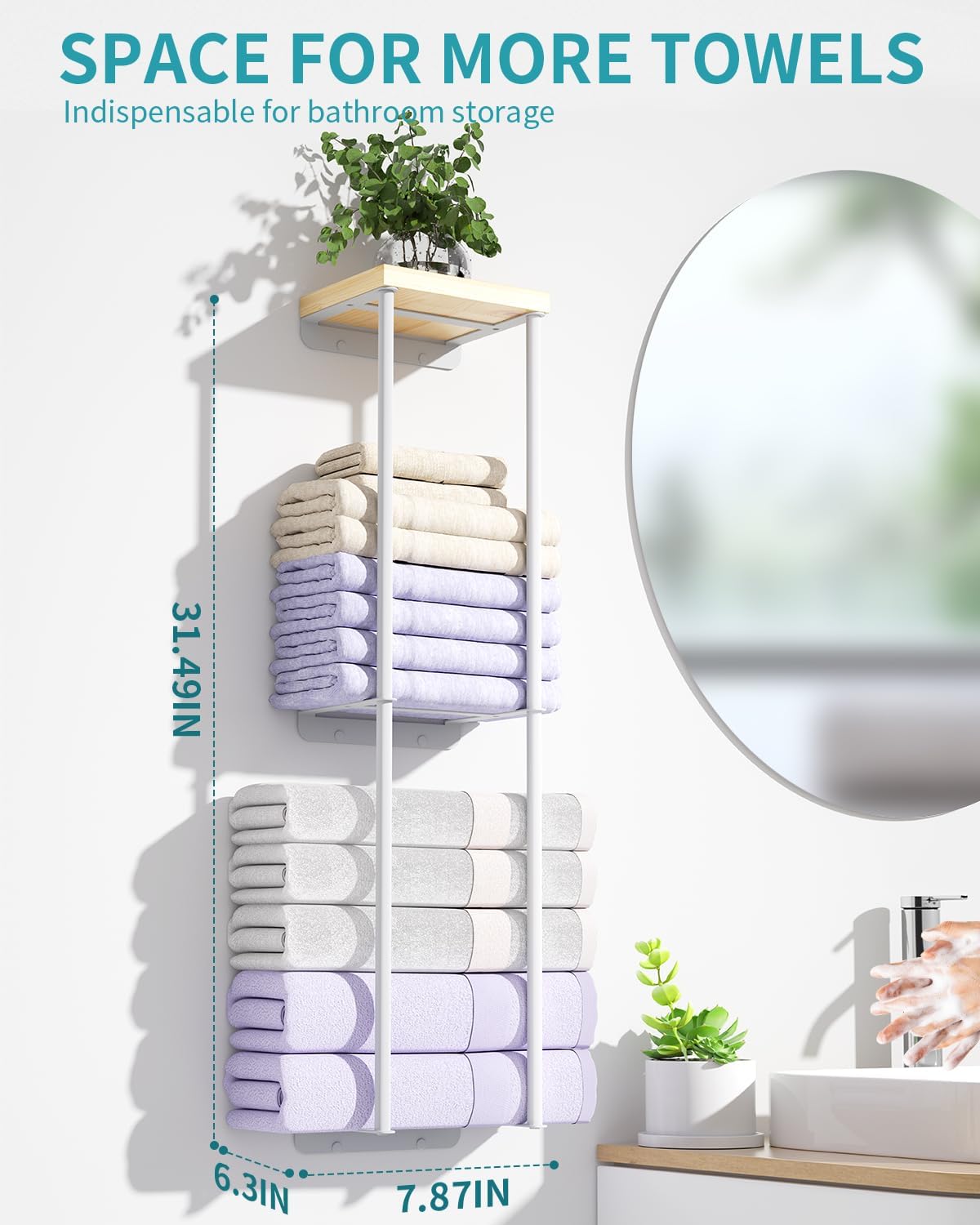 2 Tier Wall Towel Holder with Wood Shelf for Bathroom, White J676