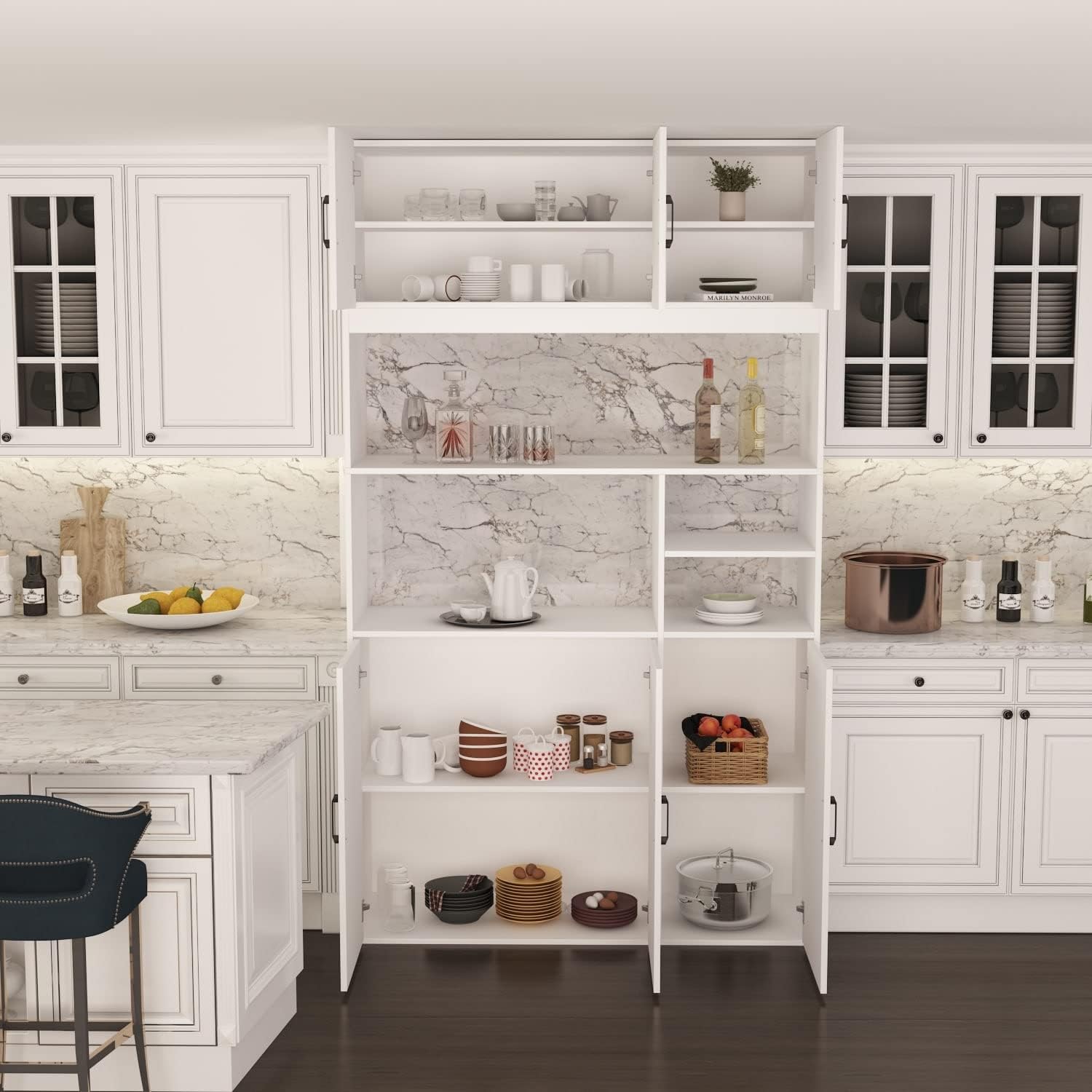 78" Kitchen Pantry Cabinet with Hutch White T996
