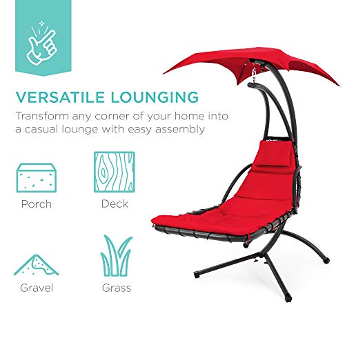 Outdoor Hanging Curved Steel Chaise Lounge Chair Swing with Pillow and Canopy - Red D38972