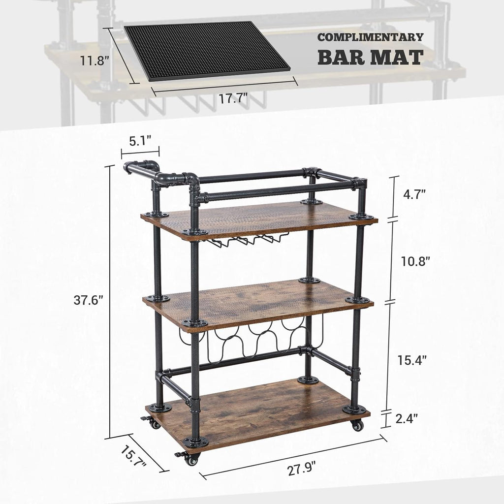 AA Products Inc. 3-Tier Industrial Bar Cart with Wheels and Wine Rack C3454