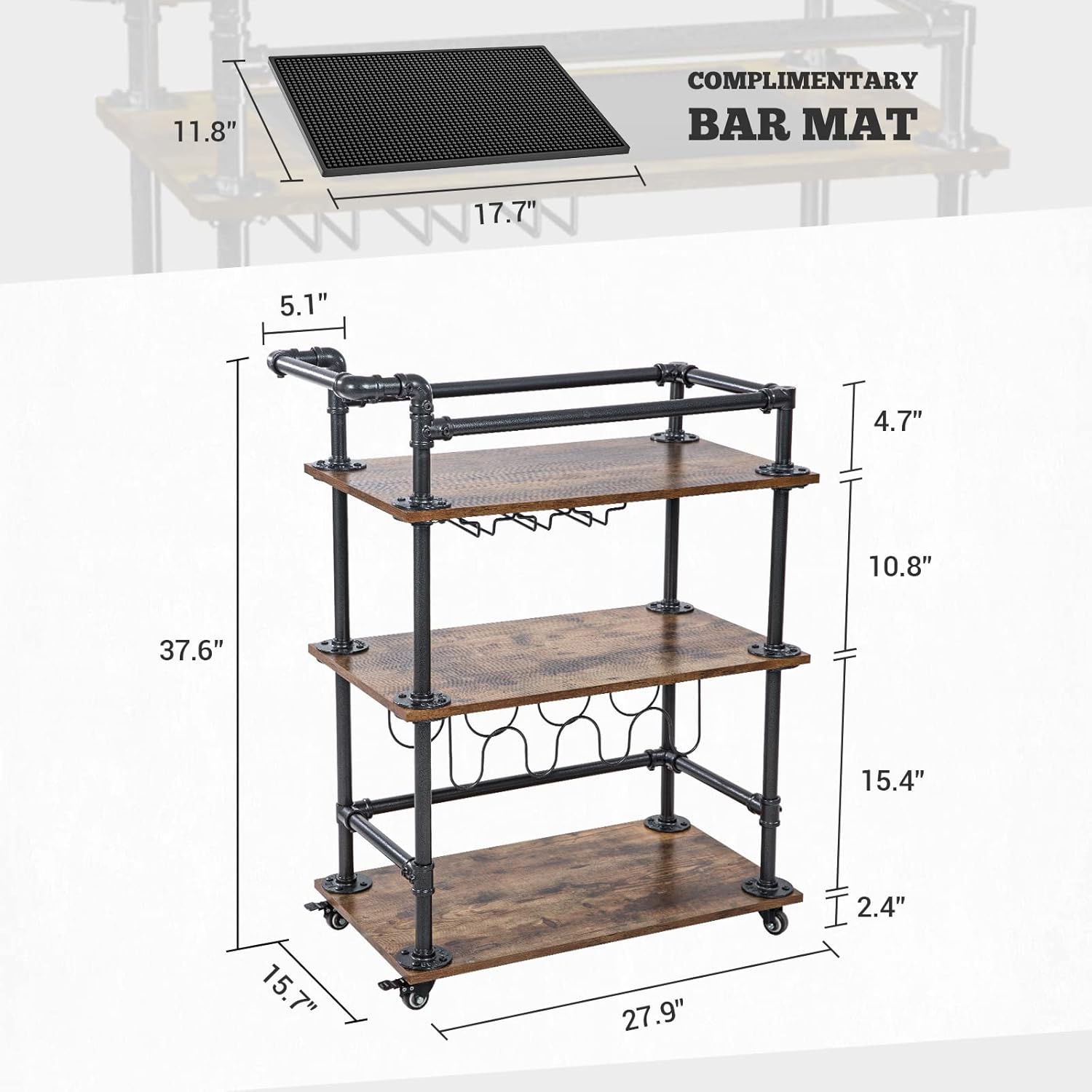 AA Products Inc. 3-Tier Industrial Bar Cart with Wheels and Wine Rack C3454