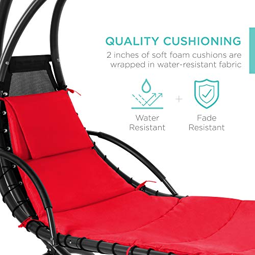 Outdoor Hanging Curved Steel Chaise Lounge Chair Swing with Pillow and Canopy - Red D38972