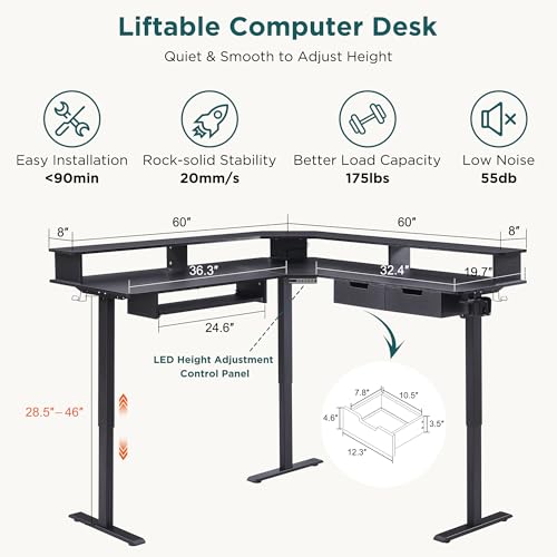 RedLemon 60" L-Shaped Electric Standing Desk with Drawers, Dark Rustic Oak E174