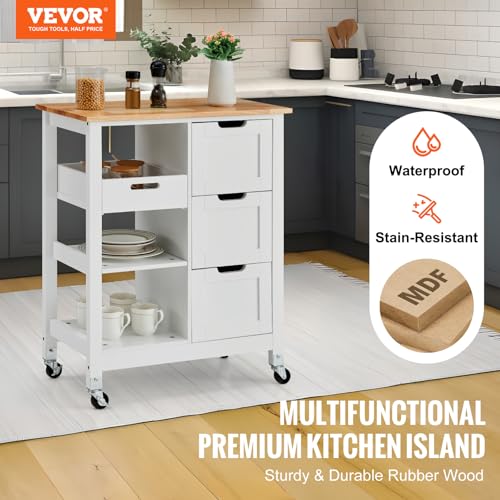 VEVOR Kitchen Island Cart, 26 inch Wood Top Rolling Cart with 3 Drawers D83256