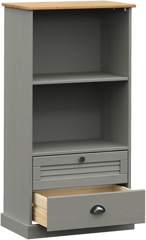 vidaXL VIGO Gray Solid Pine Wood Bookcase with 2 Shelves and 2 Drawers L324