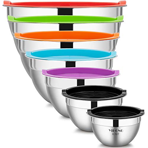 YIHONG Stainless Steel Mixing Bowls Set, 7 Piece Metal Mixing Bowls with Lids Set for Kitchen, Nesting Steel Mixing Bowls Ideal for Baking, Prepping, Cooking, and Serving Food(Grey)