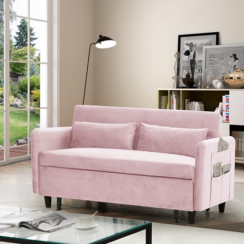 54" Convertible Sofa Bed, 3-in-1 Sleeper Sofa with Pull-Out Bed, Velvet Futon Couch Loveseat with Two Pillows and Side Pocket, Modern Loveseat for Living Room, Apartment (Gray)