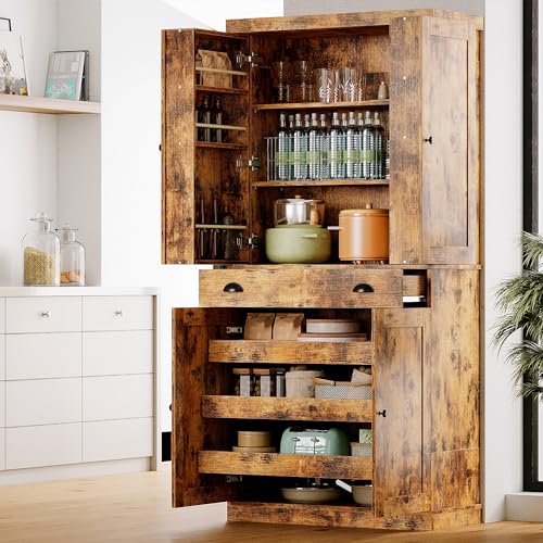 Kitchen Pantry Cabinet with Sliding Storage Rack and Hanging Shelves, 72" Tall Freestanding Cupboard M879