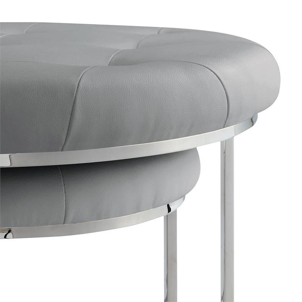 Posh Living Aaden Tufted Faux Leather Nesting Ottoman Set of 2, Gray/Chrome J1057