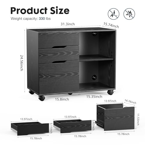 DUMOS 3-Drawer Lateral File Cabinet with Rolling Wooden Printer Stand, Rustic Brown X90813