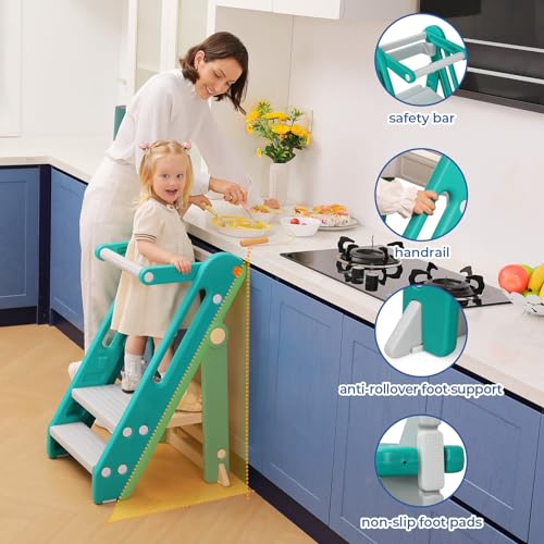 Onasti Toddler Tower Kitchen Stool Helper - Foldable, Adjustable Height, Blue Grey E26106