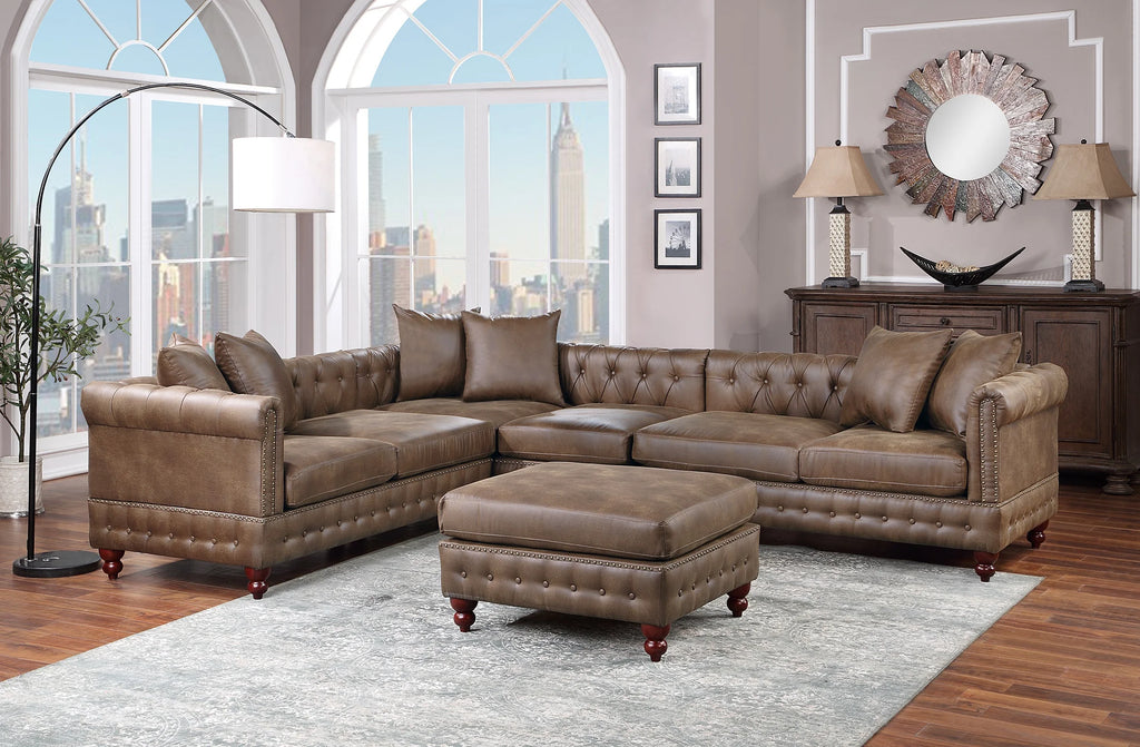 Dark Coffee Breathable Leatherette Solidwood Sectional 4pc Set Reversible Chaise Ottoman Tufted Couch Pillows Living Room