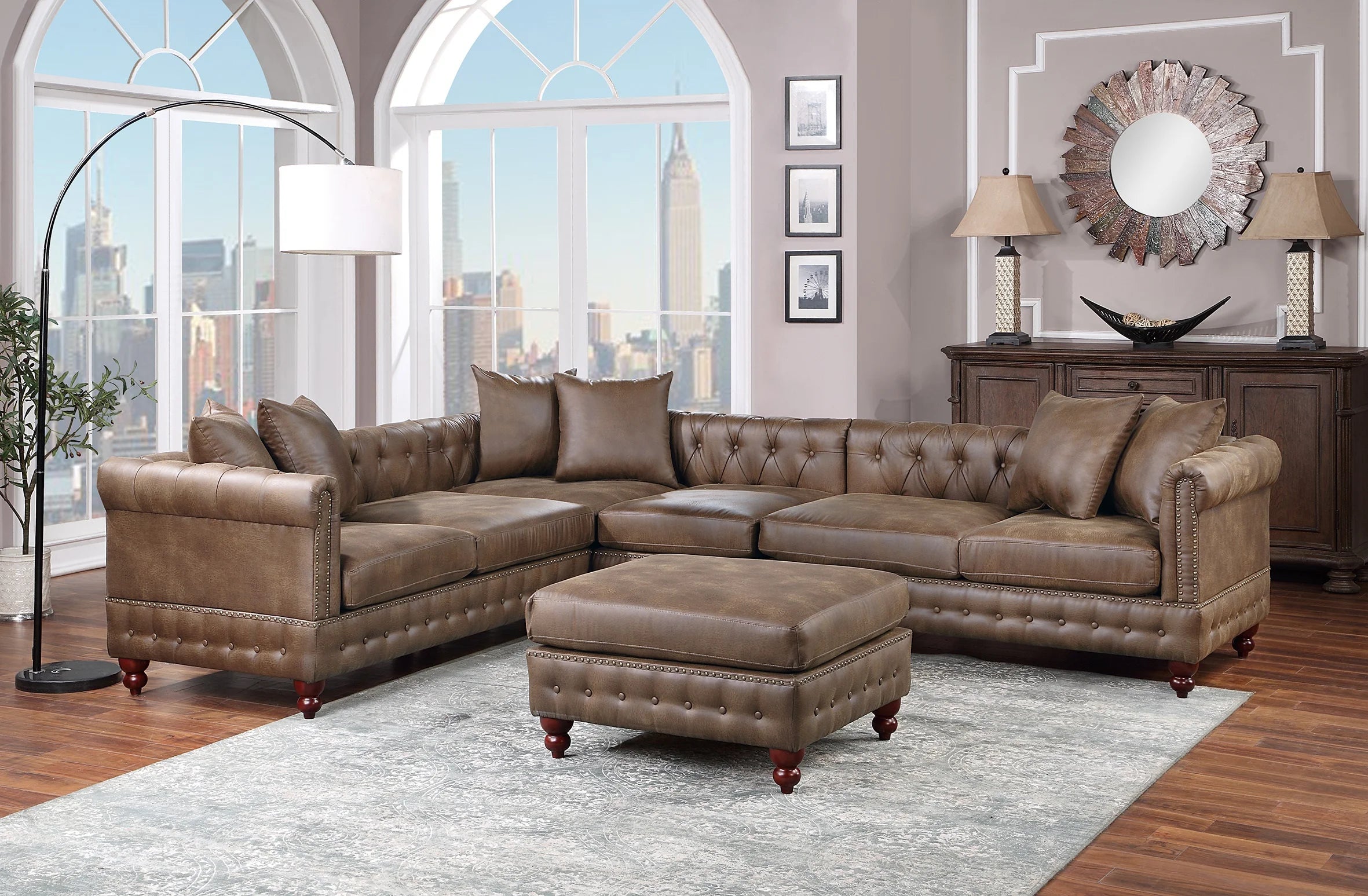 Dark Coffee Breathable Leatherette Solidwood Sectional 4pc Set Reversible Chaise Ottoman Tufted Couch Pillows Living Room