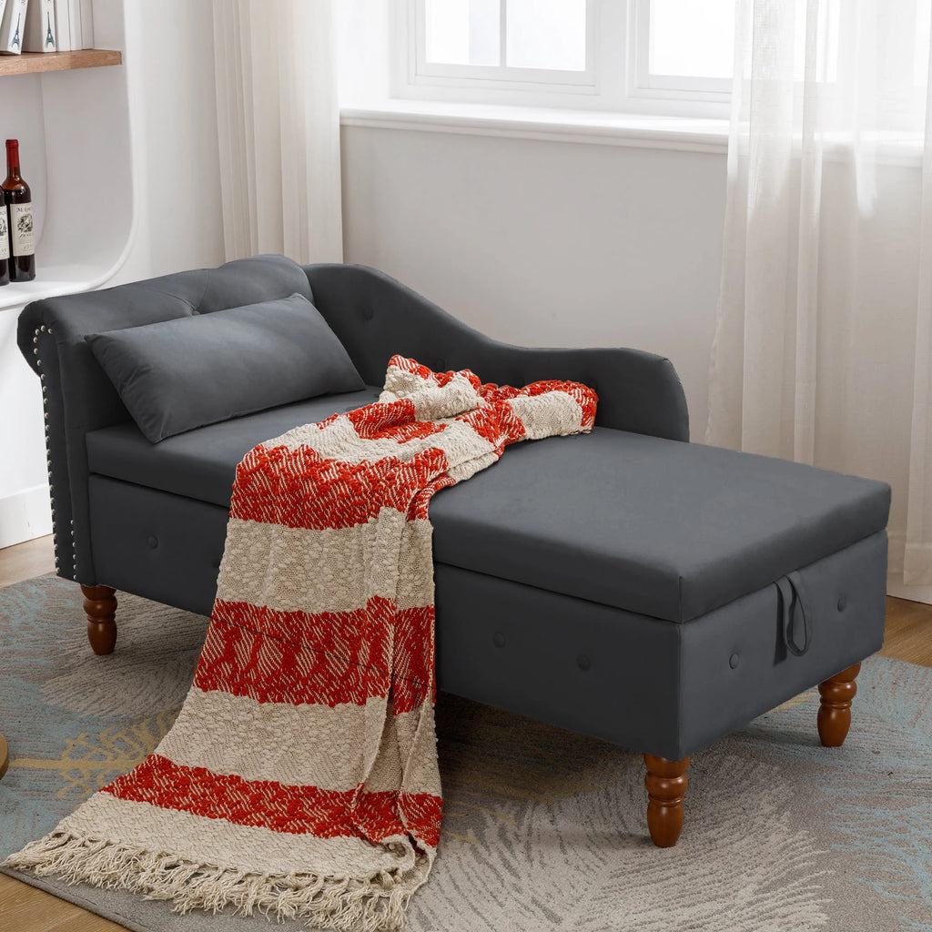 Black Chaise Lounge Indoor, Velvet Lounge Chair for Bedroom with Storage and Pillow, Modern Upholstered Rolled Arm Chase Lounge for Sleeping with Nailhead Trim for Living Room Bedroom Office
