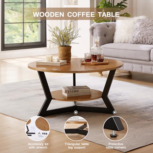 Round Wood Coffee Table with 2-Tier Storage Rack, Metal Legs, 35 x 35 x 17 in L99003