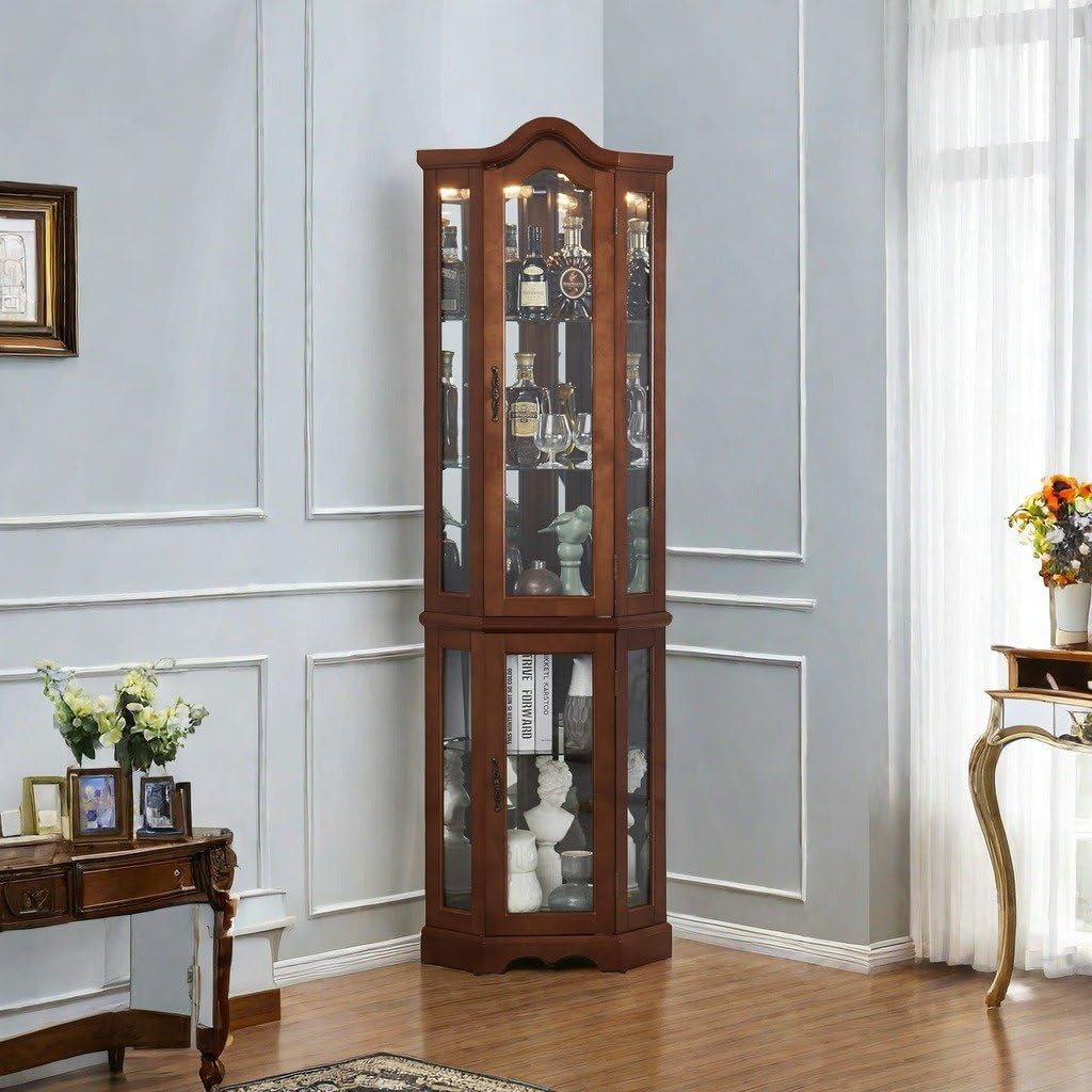Elegant Walnut Corner Curio Cabinet, 70.25" Height with Glass Doors and Shelves, Classic Brown Finish Display Cabinet, Perfect for Displaying Collectibles and Decorative Items