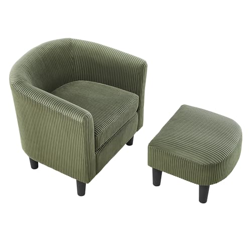 Accent Chair with Ottoman, Corduroy Fabric Armchair and Footrest Set, Green J344