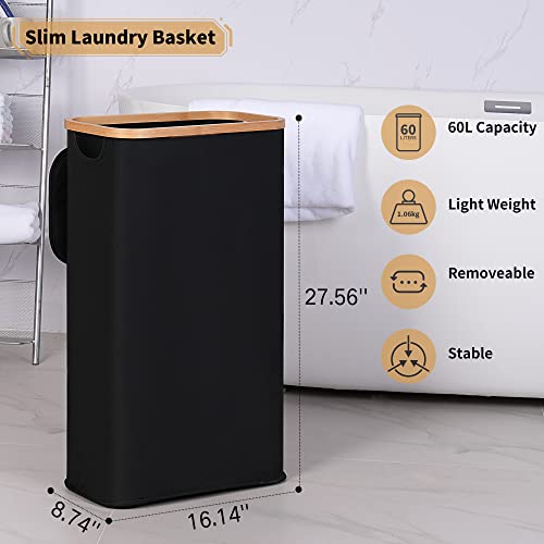 Slim Laundry Hamper with Lid, 75L Collapsible Clothes Basket with Bamboo Handles, Black R4048