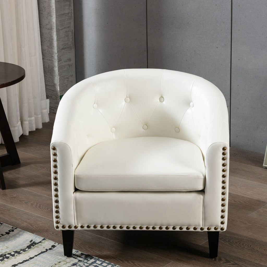 Barrel Accent Chair with Arms PU Leather and Solid Wood Legs, White Q31320