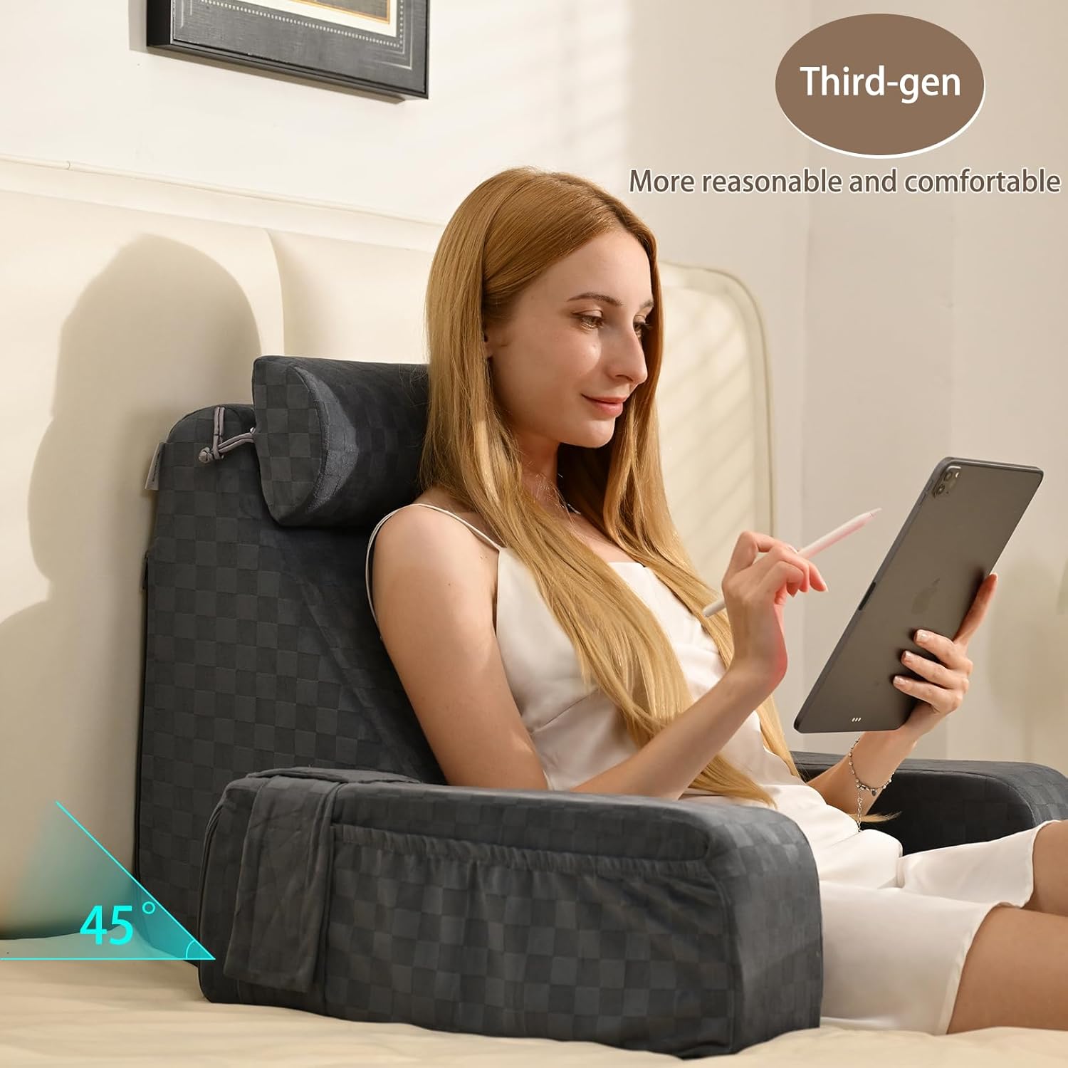 Vekkia Reading Pillow for Sitting in Bed Adult, Back Rest Pillow with Arms, Dark Grey O360566