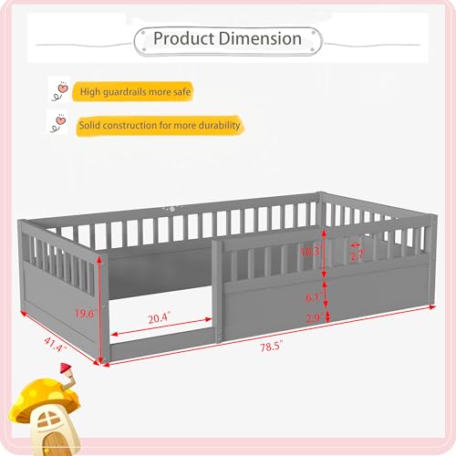 Twin Size Montessori Floor Bed for Kids with High Fence Railings, White R84810