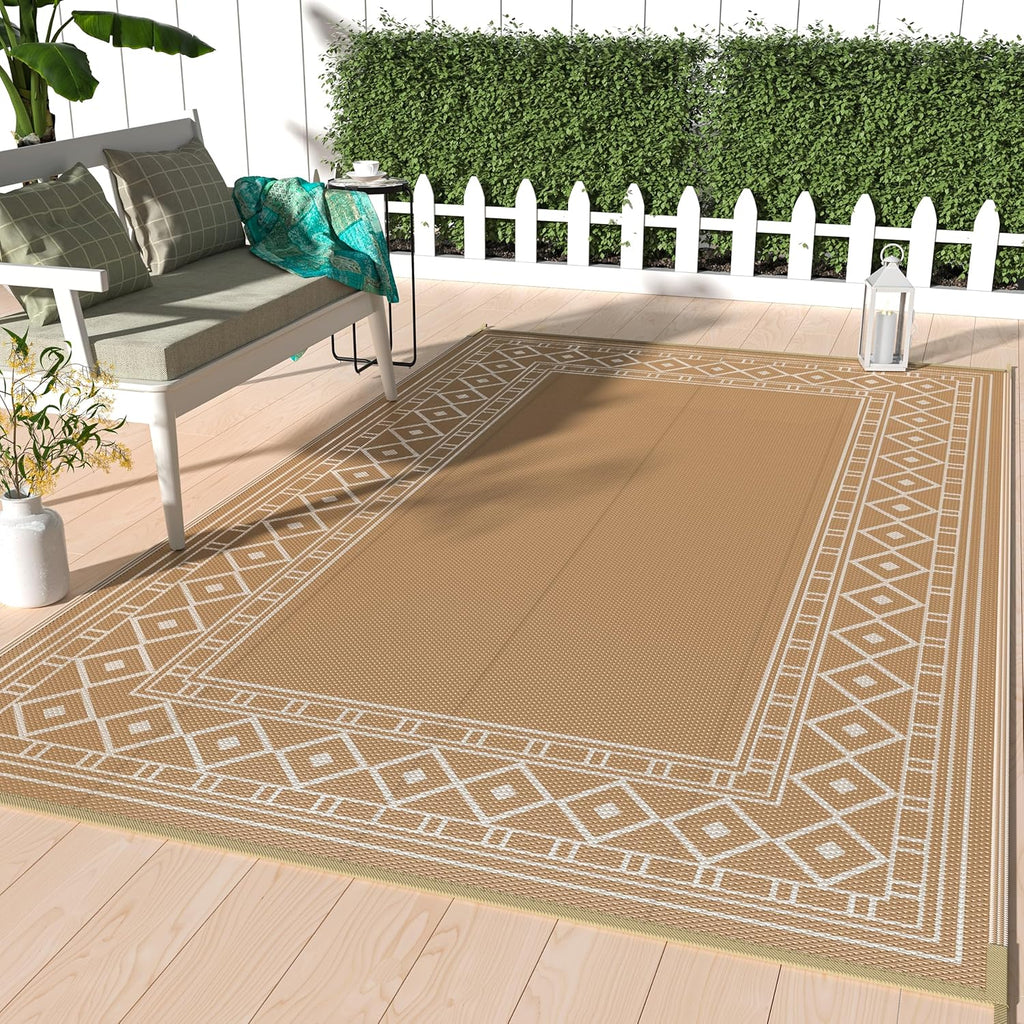 GENIMO Outdoor Rug 5' x 8' Waterproof for Patios Clearance, Reversible Outdoor Plastic Straw Rug Carpet, Camping Mats for Outdoor Decor, RV, Backyard, Deck, Balcony, Picnic, Brown & Beige