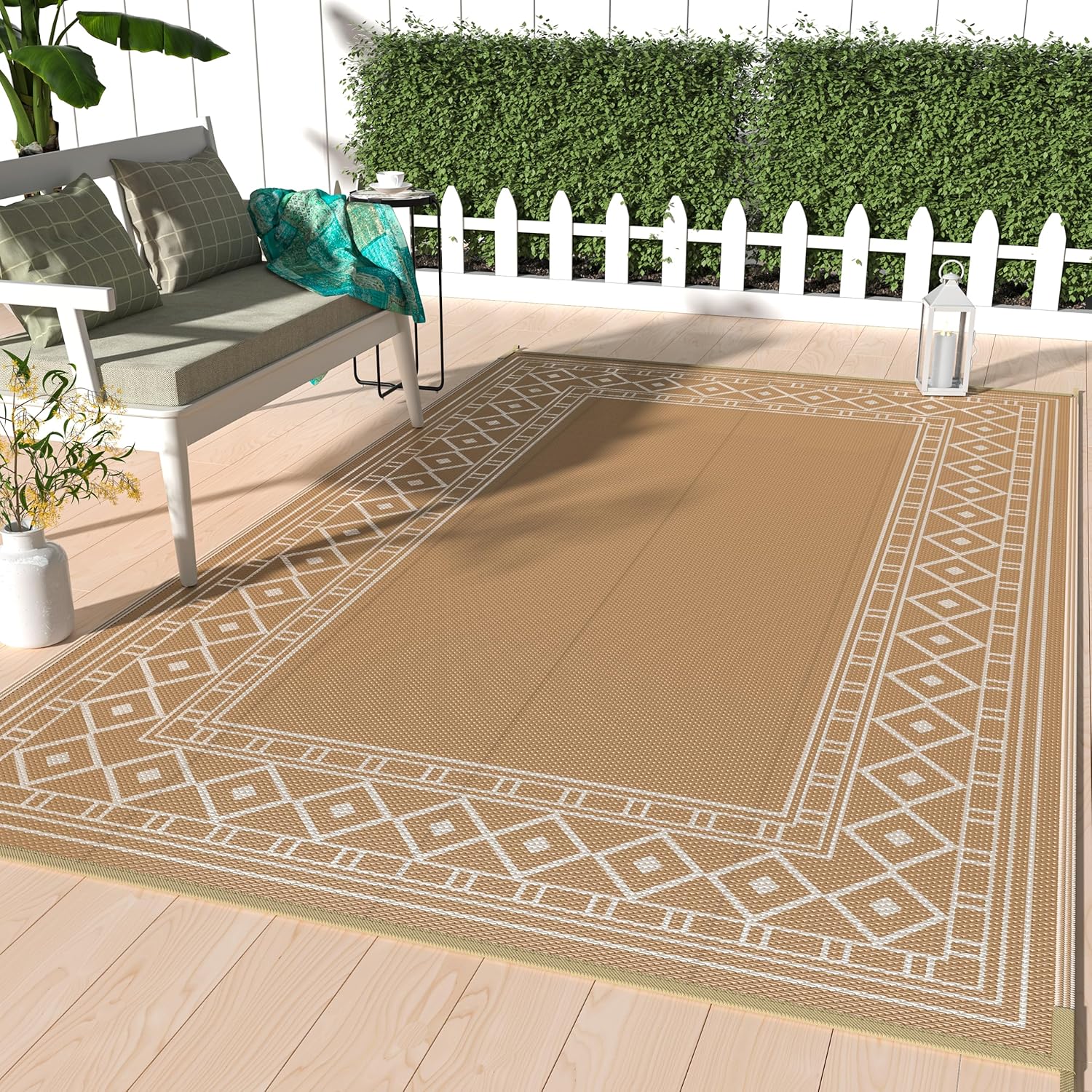 GENIMO Outdoor Rug 5' x 8' Waterproof for Patios Clearance, Reversible Outdoor Plastic Straw Rug Carpet, Camping Mats for Outdoor Decor, RV, Backyard, Deck, Balcony, Picnic, Brown & Beige