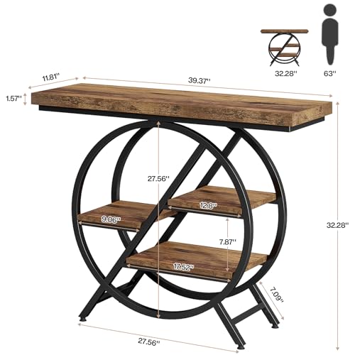Tribesigns Console Table, 39.4-Inch Entryway Table with Thickened Tabletop, 4-Tier Industrial Narrow Hallway Sofa Table, Rustic Brown T367