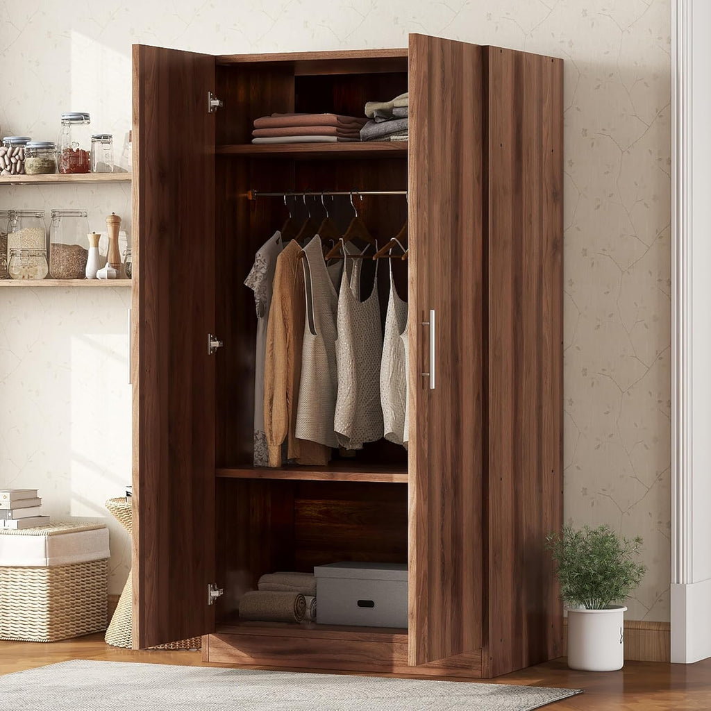 Wooden Armoire Wardrobe Closet with Hanging Rod and Shelves, Brown O29448