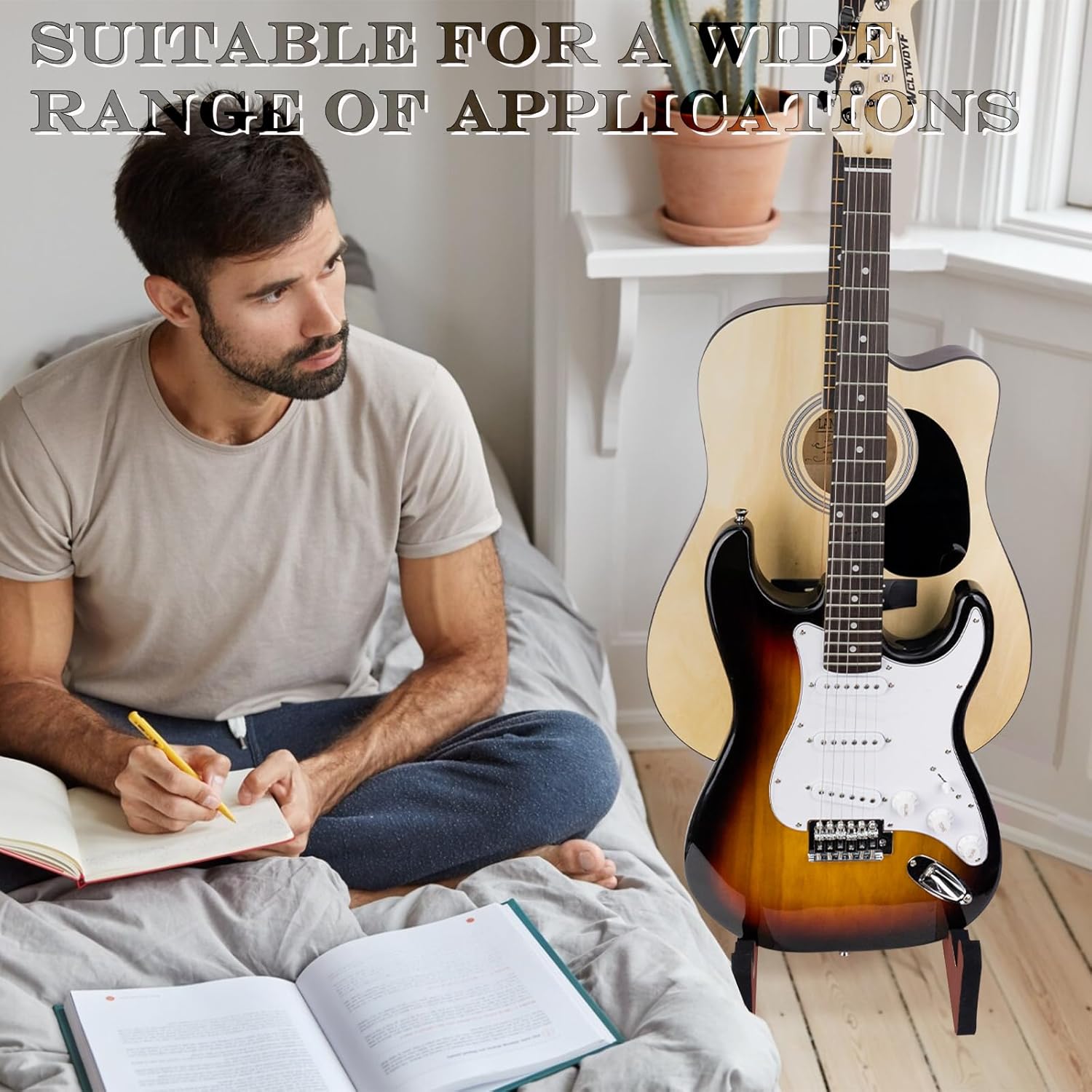 Wooden Guitar Stand for Acoustic Electric Bass, Foam Padded, 2 Space E617957