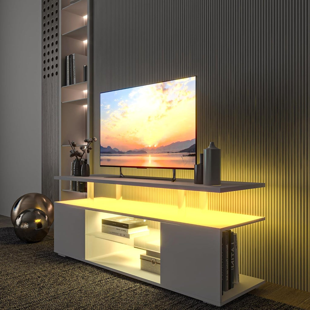 DMAITH TV Stand with LED Lights for 32-55 Inch TVs, White D4236