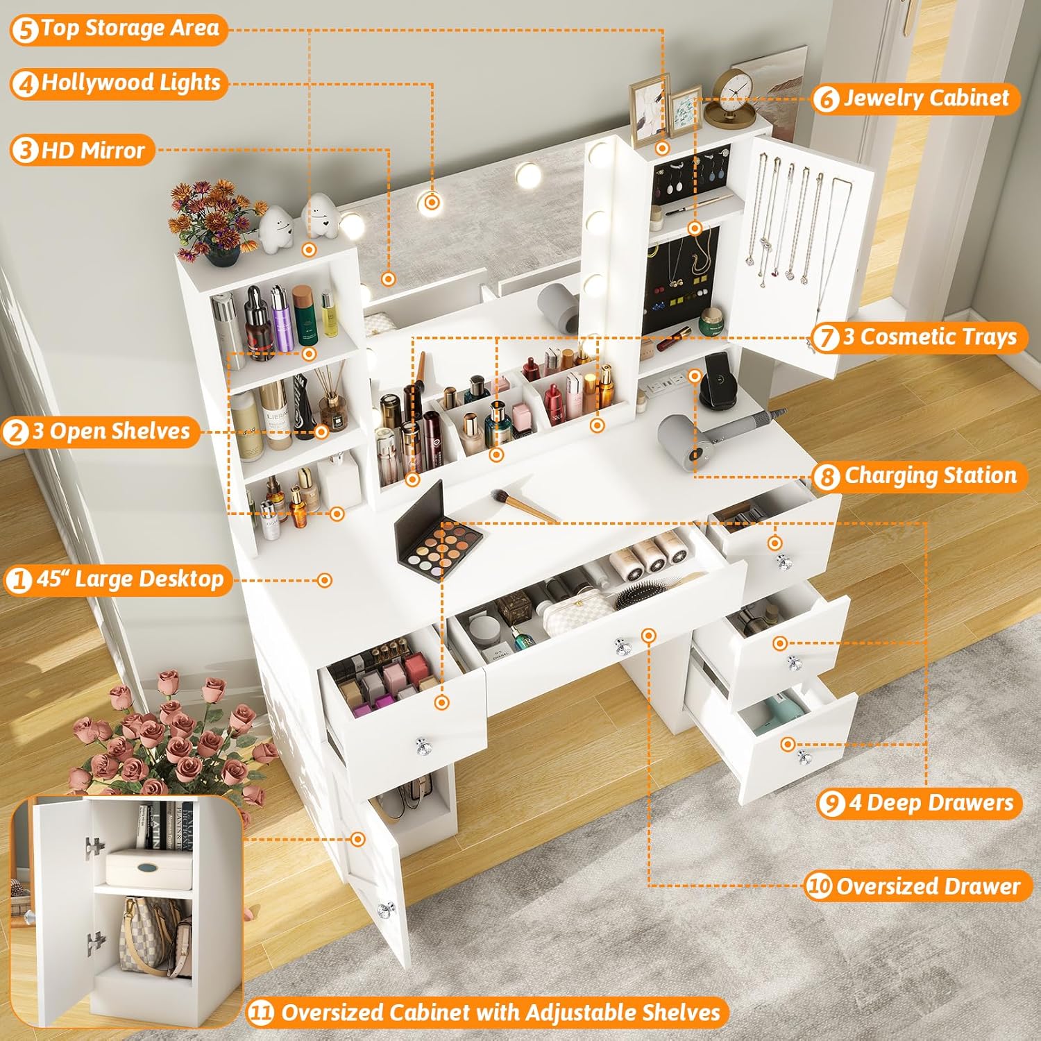 45" Makeup Vanity Desk with Lighted Mirror & Jewelry Cabinet, White J5871