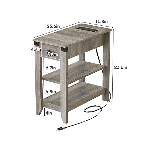 Fameill End Tables Set of 2, Narrow Side Table with Charging Station, Rustic Grey S81225