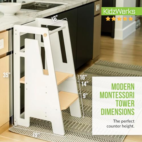 Modern Toddler Tower Montessori Kitchen Step Stool, Adjustable Standing Platform, White Q65556